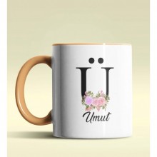 Kişiye Özel Ü Harfi Temalı Çiçekli Tasarım Turuncu Renk Kupa