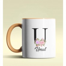 Kişiye Özel U Harfi Temalı Çiçekli Tasarım Turuncu Renk Kupa