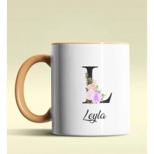 Kişiye Özel L Harfi Temalı Çiçekli Tasarım Turuncu Renk Kupa