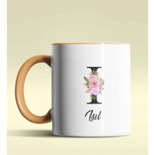 Kişiye Özel I Harfi Temalı Çiçekli Tasarım Turuncu Renk Kupa