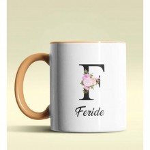 Kişiye Özel F Harfi Temalı Çiçekli Tasarım Turuncu Renk Kupa