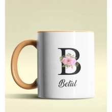 Kişiye Özel B Harfi Temalı Çiçekli Tasarım Turuncu Renk Kupa