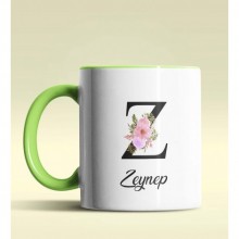 Kişiye Özel Z Harfi Temalı Çiçekli Tasarım Yeşil Renk Kupa