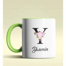 Kişiye Özel Y Harfi Temalı Çiçekli Tasarım Yeşil Renk Kupa