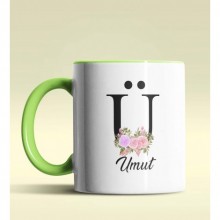 Kişiye Özel Ü Harfi Temalı Çiçekli Tasarım Yeşil Renk Kupa