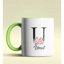 Kişiye Özel U Harfi Temalı Çiçekli Tasarım Yeşil Renk Kupa