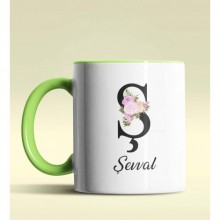 Kişiye Özel Ş Harfi Temalı Çiçekli Tasarım Yeşil Renk Kupa