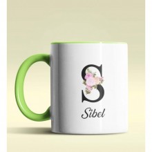 Kişiye Özel S Harfi Temalı Çiçekli Tasarım Yeşil Renk Kupa