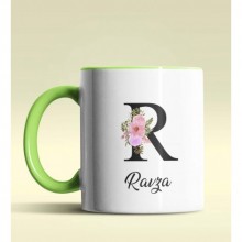 Kişiye Özel R Harfi Temalı Çiçekli Tasarım Yeşil Renk Kupa