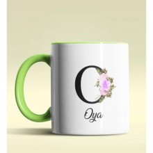 Kişiye Özel O Harfi Temalı Çiçekli Tasarım Yeşil Renk Kupa