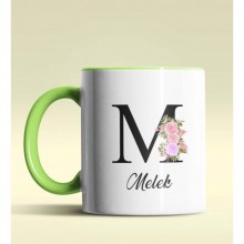 Kişiye Özel M Harfi Temalı Çiçekli Tasarım Yeşil Renk Kupa