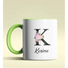 Kişiye Özel K Harfi Temalı Çiçekli Tasarım Yeşil Renk Kupa