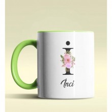 Kişiye Özel İ Harfi Temalı Çiçekli Tasarım Yeşil Renk Kupa