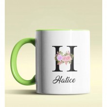 Kişiye Özel H Harfi Temalı Çiçekli Tasarım Yeşil Renk Kupa