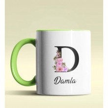 Kişiye Özel D Harfi Temalı Çiçekli Tasarım Yeşil Renk Kupa