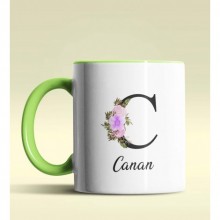 Kişiye Özel C Harfi Temalı Çiçekli Tasarım Yeşil Renk Kupa