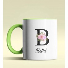 Kişiye Özel B Harfi Temalı Çiçekli Tasarım Yeşil Renk Kupa