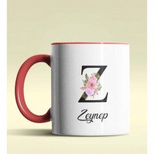 Kişiye Özel Z Harfi Temalı Çiçekli Tasarım Kırmızı Renk Kupa