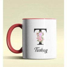 Kişiye Özel T Harfi Temalı Çiçekli Tasarım Kırmızı Renk Kupa