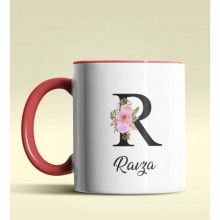 Kişiye Özel R Harfi Temalı Çiçekli Tasarım Kırmızı Renk Kupa