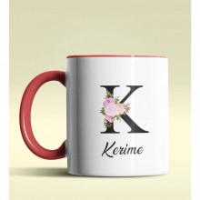 Kişiye Özel K Harfi Temalı Çiçekli Tasarım Kırmızı Renk Kupa