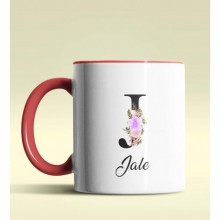 Kişiye Özel J Harfi Temalı Çiçekli Tasarım Kırmızı Renk Kupa