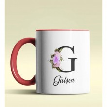 Kişiye Özel G Harfi Temalı Çiçekli Tasarım Kırmızı Renk Kupa