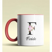 Kişiye Özel F Harfi Temalı Çiçekli Tasarım Kırmızı Renk Kupa