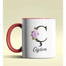 Kişiye Özel Ç Harfi Temalı Çiçekli Tasarım Kırmızı Renk Kupa