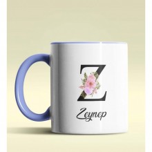 Kişiye Özel Z Harfi Temalı Çiçekli Tasarım Mavi Renk Kupa