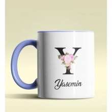 Kişiye Özel Y Harfi Temalı Çiçekli Tasarım Mavi Renk Kupa