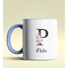 Kişiye Özel P Harfi Temalı Çiçekli Tasarım Mavi Renk Kupa