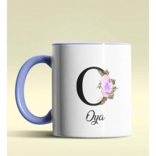 Kişiye Özel O Harfi Temalı Çiçekli Tasarım Mavi Renk Kupa