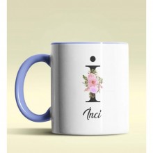 Kişiye Özel İ Harfi Temalı Çiçekli Tasarım Mavi Renk Kupa