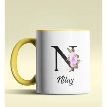 Kişiye Özel N Harfi Temalı Çiçekli Tasarım Sarı Renk Kupa