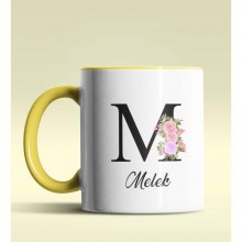 Kişiye Özel M Harfi Temalı Çiçekli Tasarım Sarı Renk Kupa