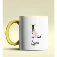 Kişiye Özel L Harfi Temalı Çiçekli Tasarım Sarı Renk Kupa