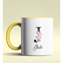 Kişiye Özel J Harfi Temalı Çiçekli Tasarım Sarı Renk Kupa