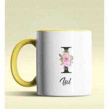 Kişiye Özel I Harfi Temalı Çiçekli Tasarım Sarı Renk Kupa