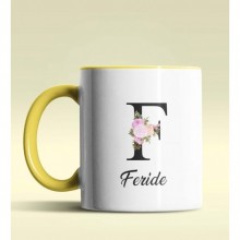 Kişiye Özel F Harfi Temalı Çiçekli Tasarım Sarı Renk Kupa