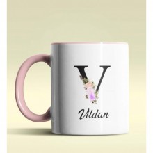 Kişiye Özel V Harfi Temalı Çiçekli Tasarım Pembe Renk Kupa
