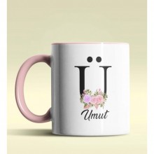 Kişiye Özel Ü Harfi Temalı Çiçekli Tasarım Pembe Renk Kupa