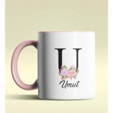 Kişiye Özel U Harfi Temalı Çiçekli Tasarım Pembe Renk Kupa