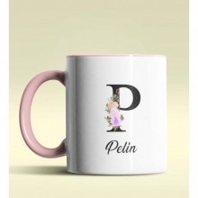 Kişiye Özel P Harfi Temalı Çiçekli Tasarım Pembe Renk Kupa