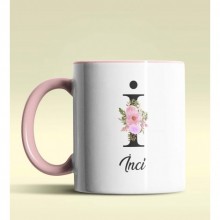 Kişiye Özel İ Harfi Temalı Çiçekli Tasarım Pembe Renk Kupa