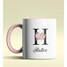 Kişiye Özel H Harfi Temalı Çiçekli Tasarım Pembe Renk Kupa