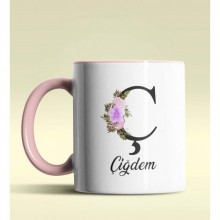 Kişiye Özel Ç Harfi Temalı Çiçekli Tasarım Pembe Renk Kupa