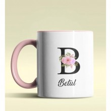 Kişiye Özel B Harfi Temalı Çiçekli Tasarım Pembe Renk Kupa