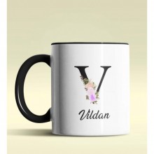 Kişiye Özel V Harfi Temalı Çiçekli Tasarım Siyah Renk Kupa