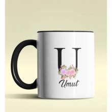 Kişiye Özel U Harfi Temalı Çiçekli Tasarım Siyah Renk Kupa